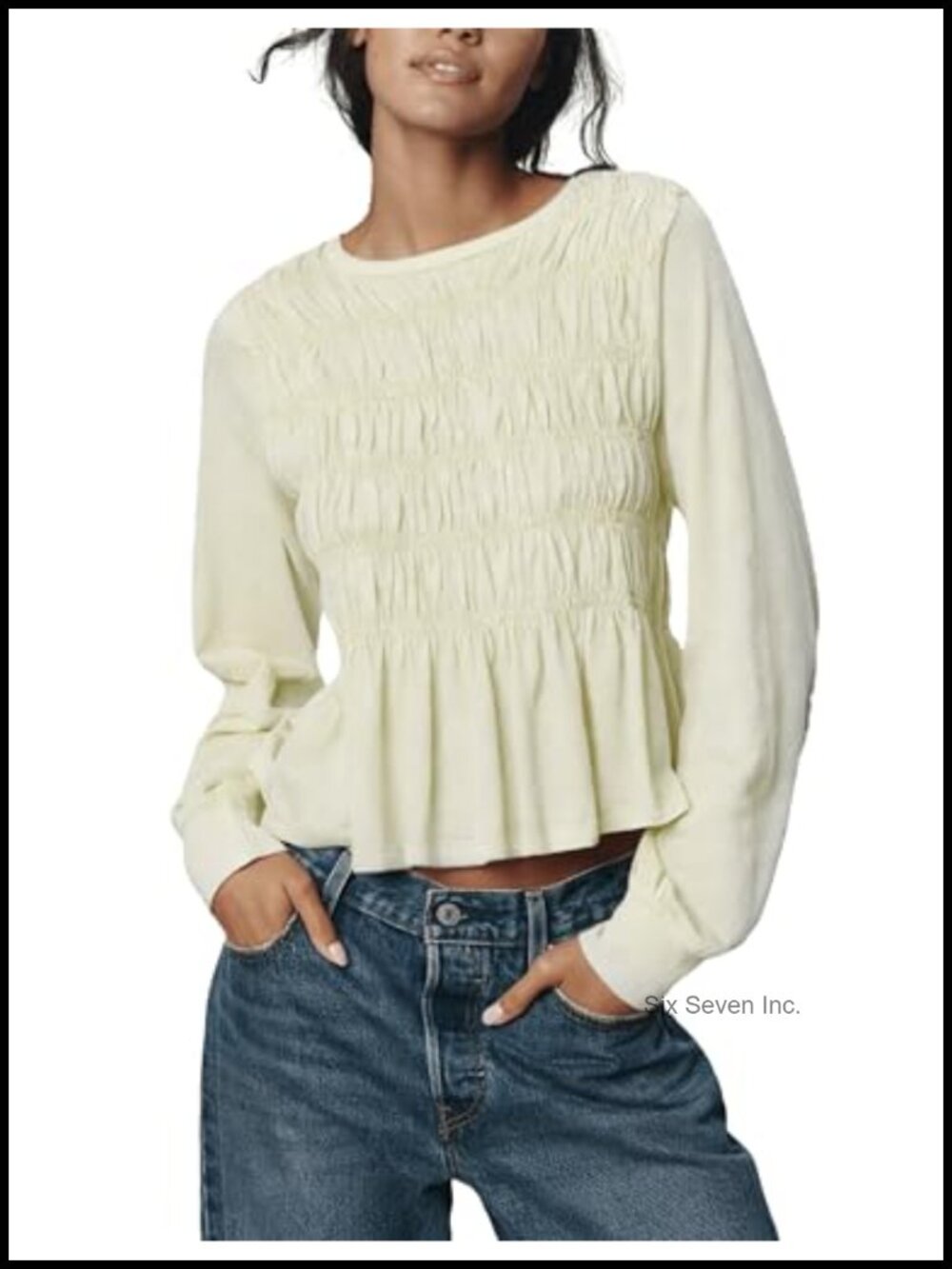 Women's Peplum Babydoll Long Sleeve Blouse Flowy Smocked Top